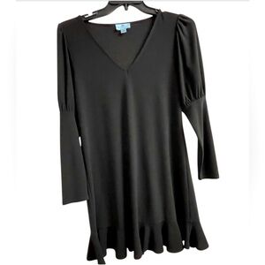 CeCe BLACK FLARE DRESS PUFF LONG SLEEVE V-NECK KNEE LENGTH COLLARLESS SIZE SMALL